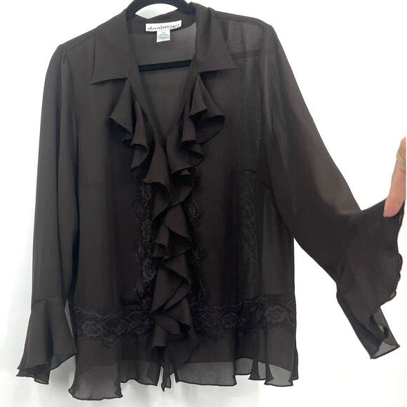 VTG Denim 24/7 Chocolate Brown Sheer Flowy Ruffle Button Up Lace Top Blouse 16W - Picture 3 of 9